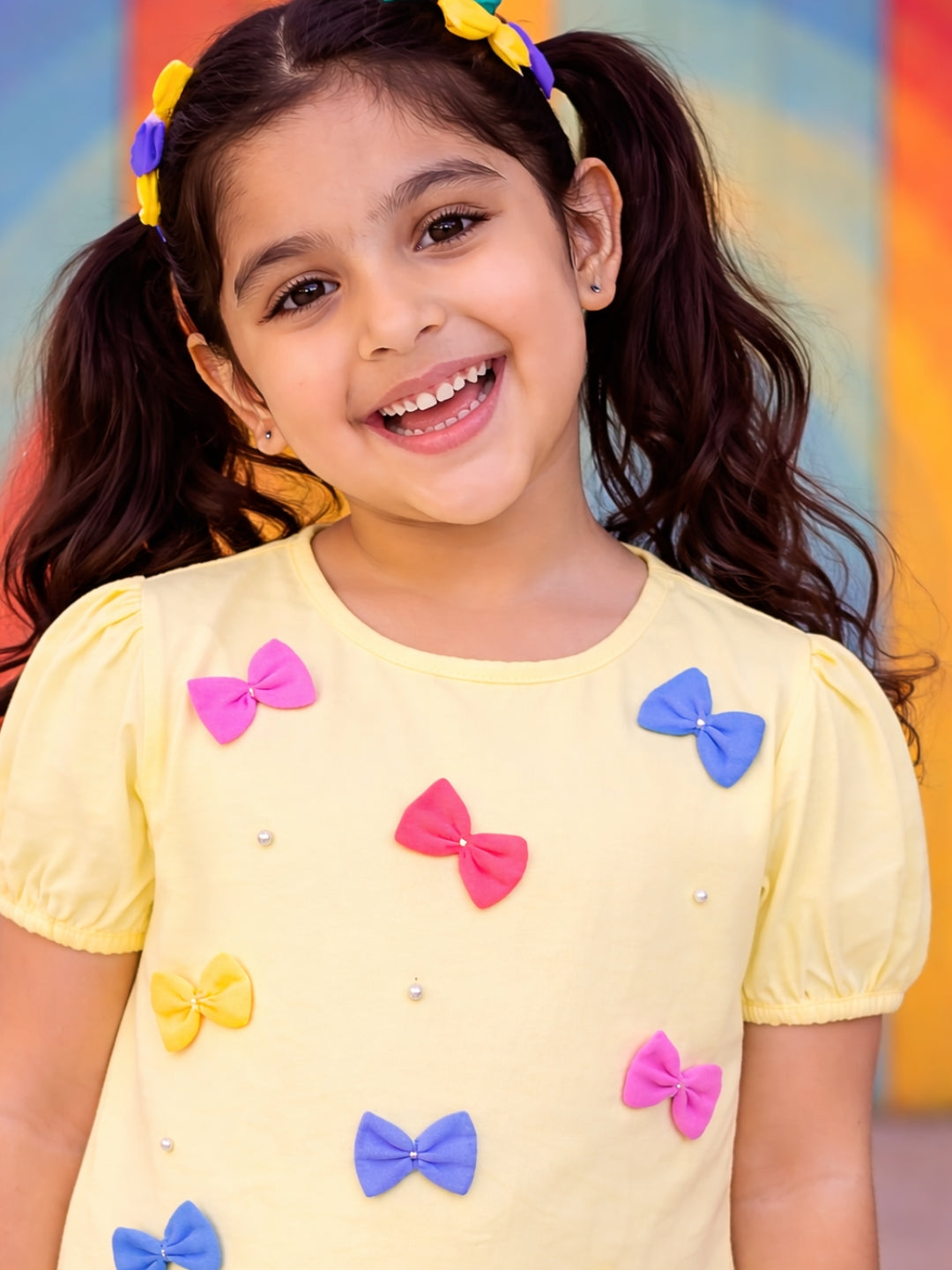 Cotton Colourful Bows Top - Yellow