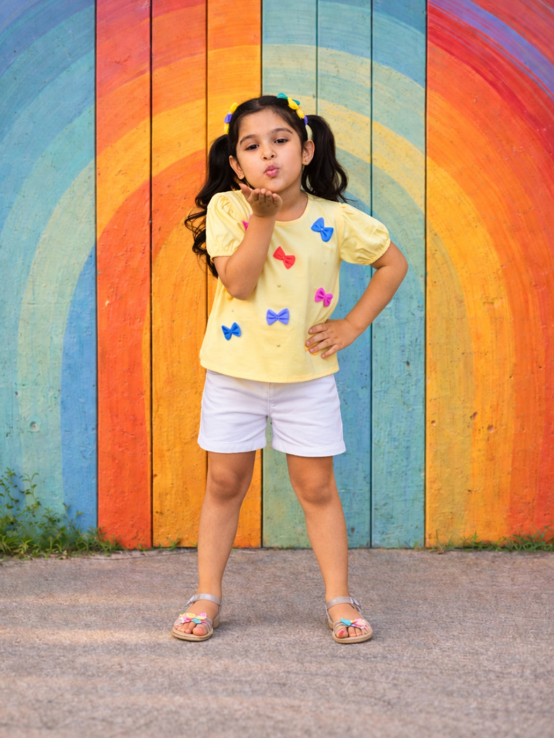 Cotton Colourful Bows Top - Yellow