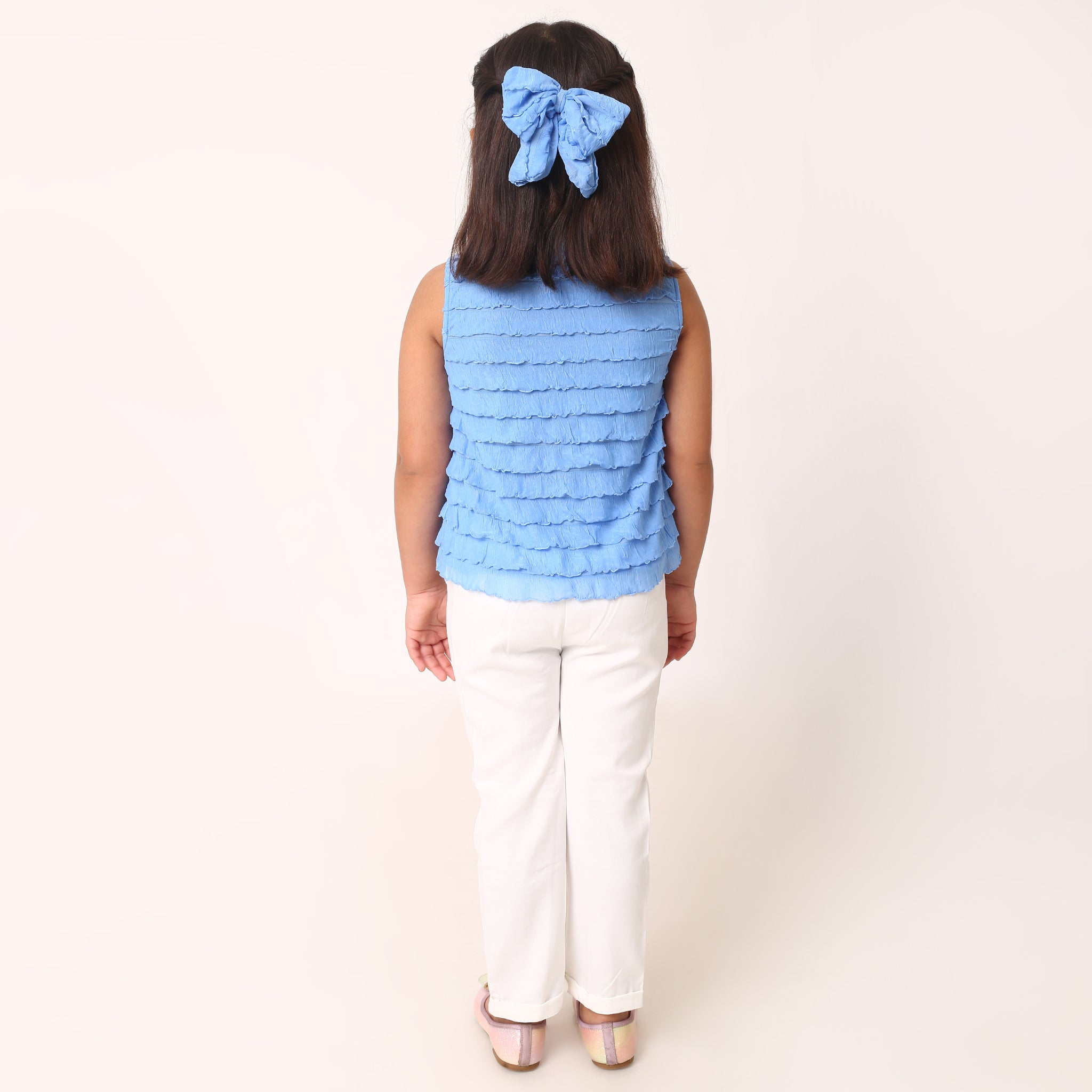 Blue Sarah Top + White Ella Pant