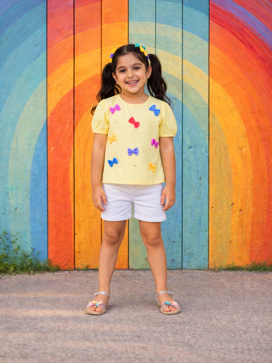 Cotton Colourful Bows Top - Yellow