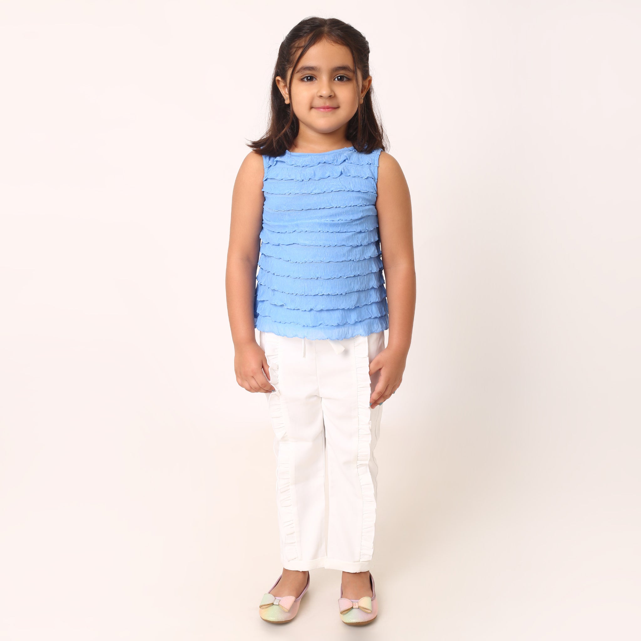 Blue Sarah Top + White Ella Pant