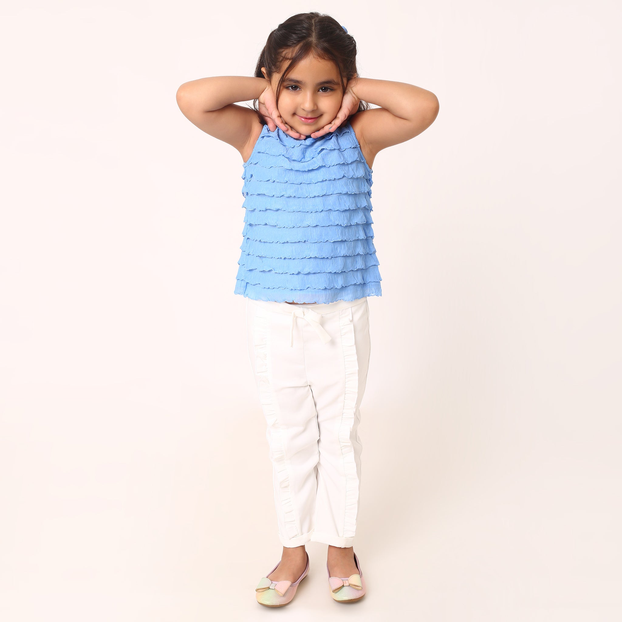 Blue Sarah Top + White Ella Pant