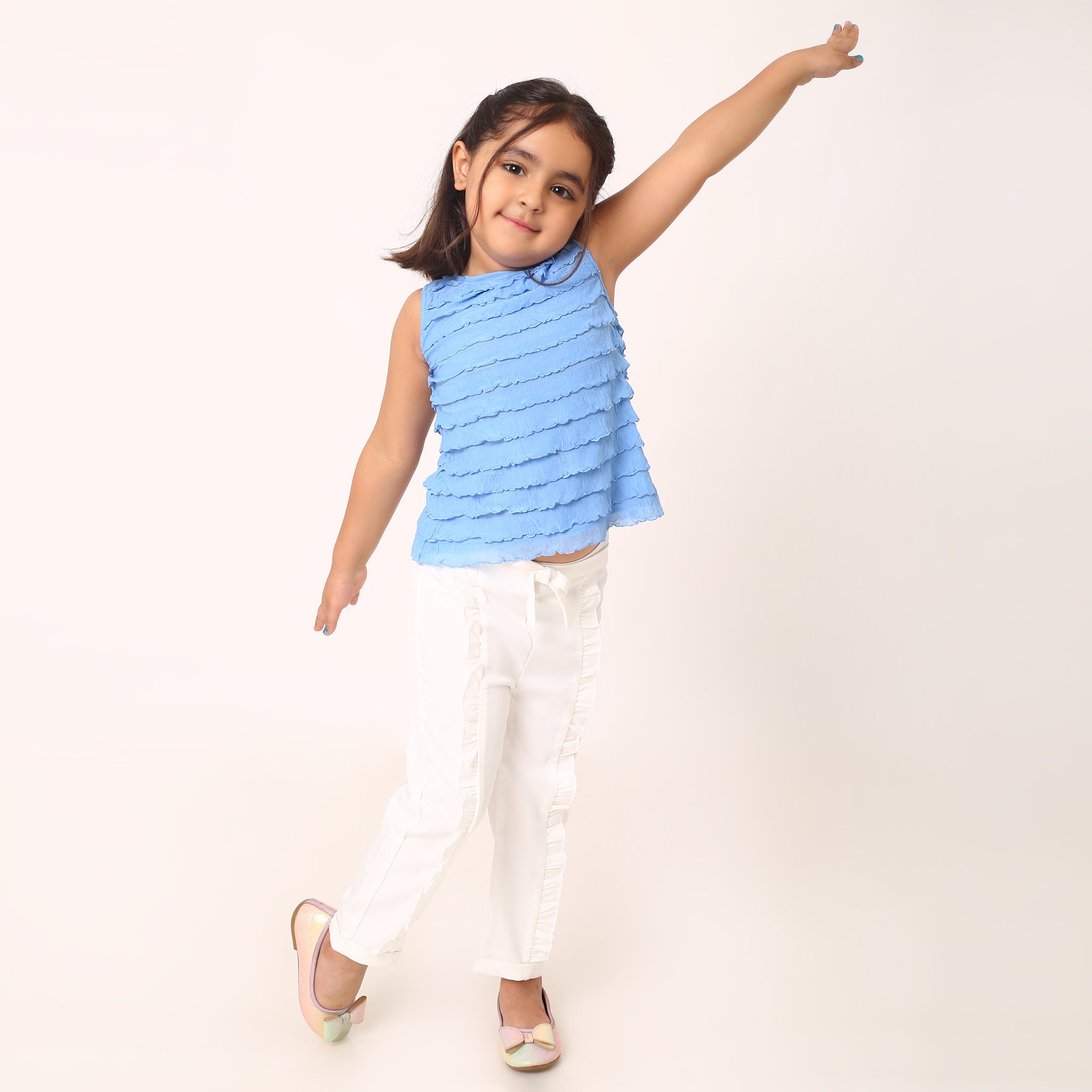 Blue Sarah Top + White Ella Pant