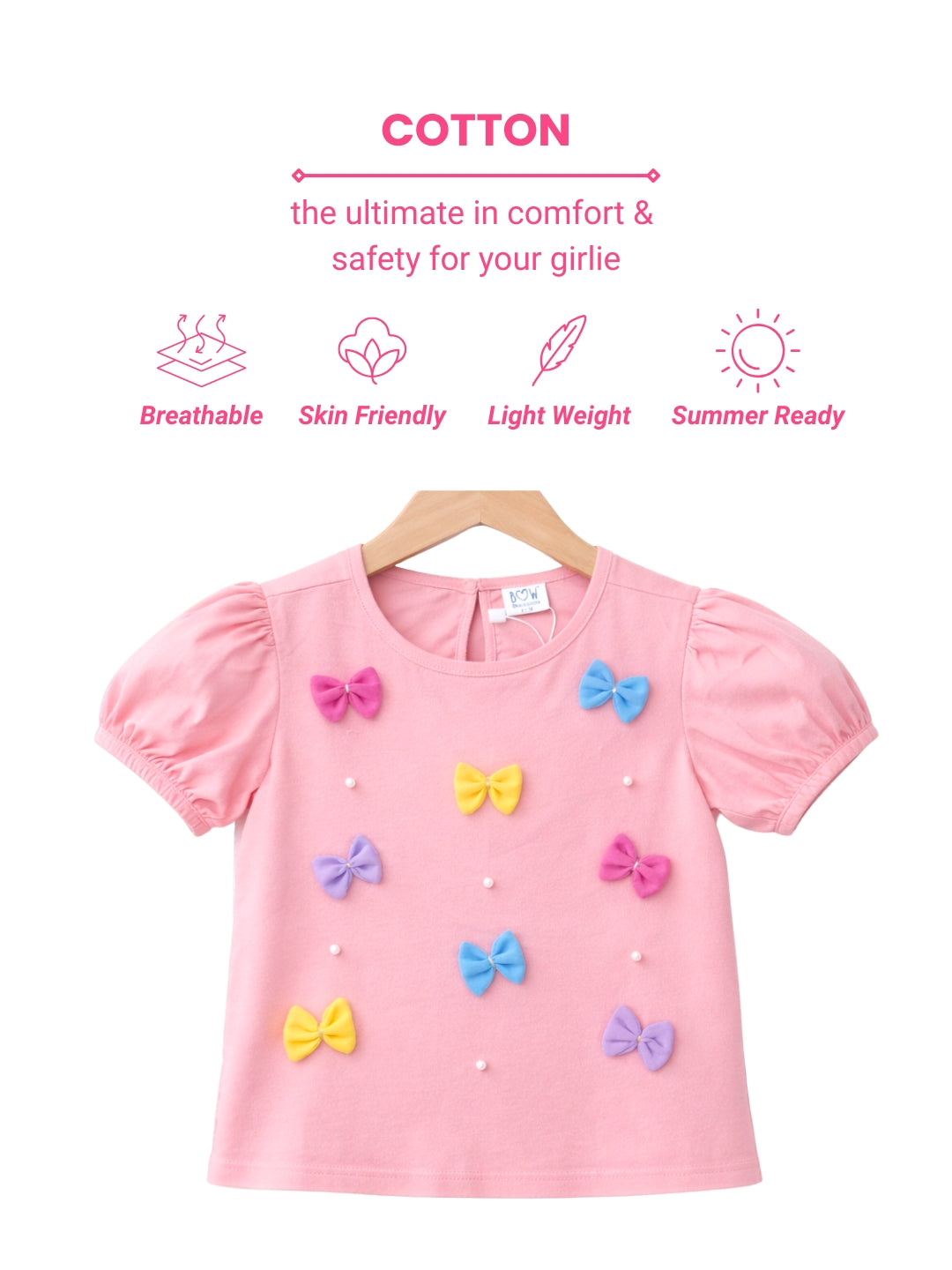 Cotton Colourful Bows Top - Pink