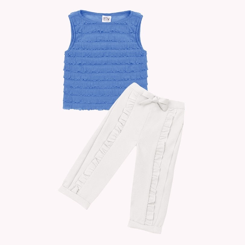 Blue Sarah Top + White Ella Pant